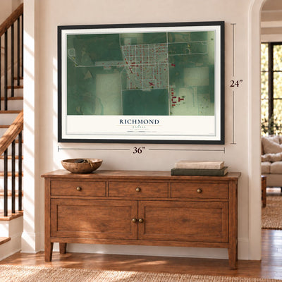 Richmond, Kansas map, 24 x 36 inch print in a black frame above a dresser by a staircase