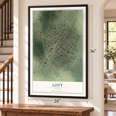 Lott, Texas map, 24 x 36 inch print in a black frame by a staircase