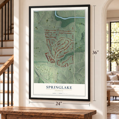 Springlake, Georgia map, 24 x 36 inch print in a black frame by a staircase