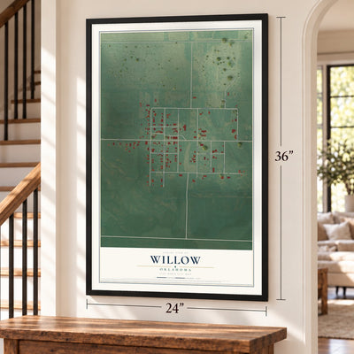 Willow, Oklahoma map, 24 x 36 inch print in a black frame by a staircase