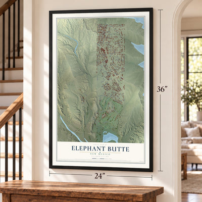 Elephant Butte, New Mexico map, 24 x 36 inch print in a black frame by a staircase