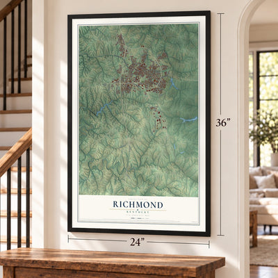 Richmond, Kentucky map, 24 x 36 inch print in a black frame by a staircase