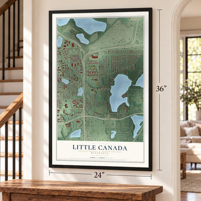 Little Canada, Minnesota map, 24 x 36 inch print in a black frame by a staircase