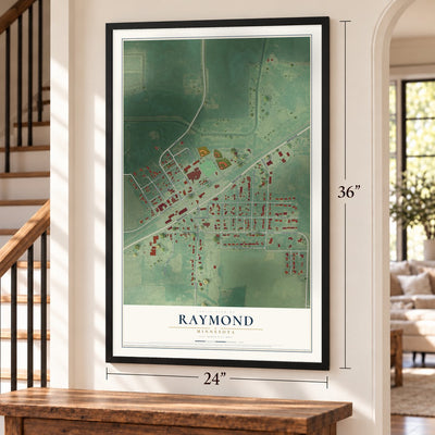 Raymond, Minnesota map, 24 x 36 inch print in a black frame by a staircase