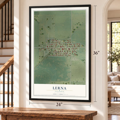 Lerna, Illinois map, 24 x 36 inch print in a black frame by a staircase