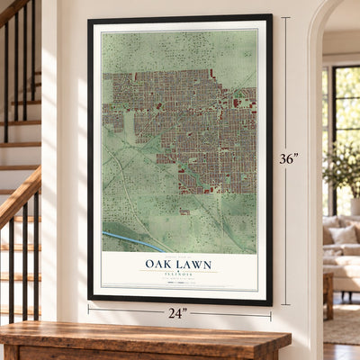 Oak Lawn, Illinois map, 24 x 36 inch print in a black frame by a staircase