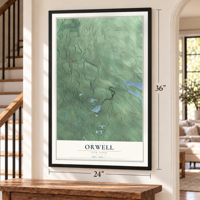 Orwell, New York map, 24 x 36 inch print in a black frame by a staircase