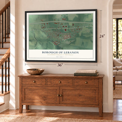 Borough of Lebanon, Hunterdon County, New Jersey map, 24 x 36 inch print in a black frame above a dresser by a staircase