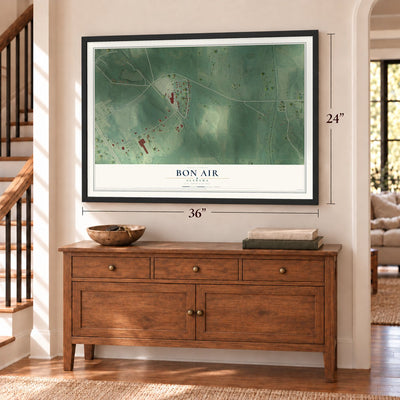 Bon Air, Alabama map, 24 x 36 inch print in a black frame above a dresser by a staircase