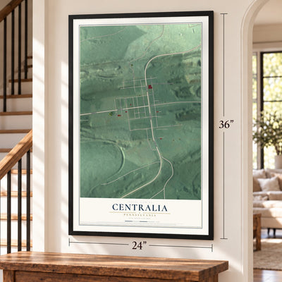 Centralia, Pennsylvania map, 24 x 36 inch print in a black frame by a staircase