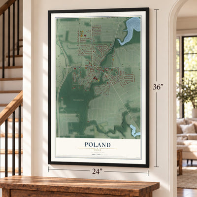 Poland, Ohio map, 24 x 36 inch print in a black frame by a staircase