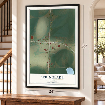 Springlake, Texas map, 24 x 36 inch print in a black frame by a staircase