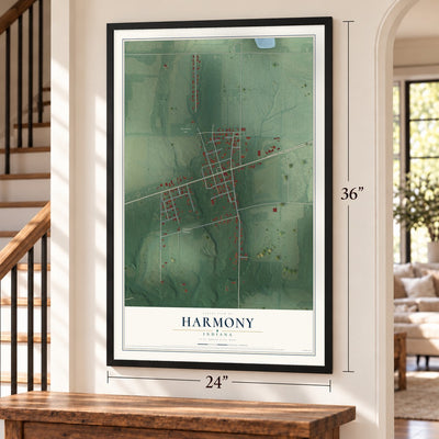 Harmony, Indiana map, 24 x 36 inch print in a black frame by a staircase