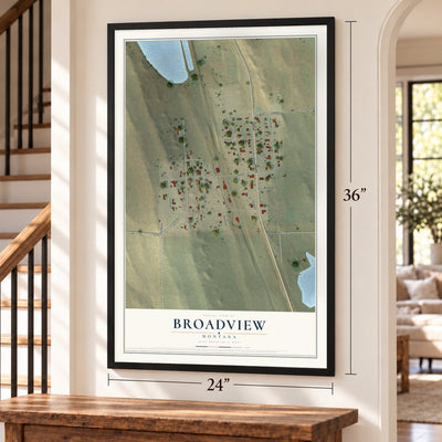 Broadview, Montana map, 24 x 36 inch print in a black frame by a staircase
