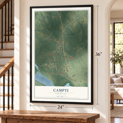 Campti, Louisiana map, 24 x 36 inch print in a black frame by a staircase