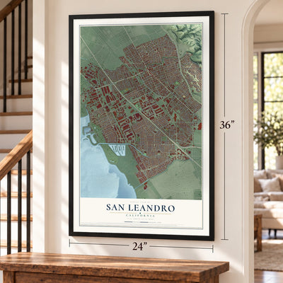 San Leandro, California map, 24 x 36 inch print in a black frame by a staircase