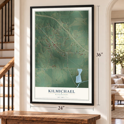 Kilmichael, Mississippi map, 24 x 36 inch print in a black frame by a staircase