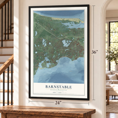 Barnstable, Massachusetts map, 24 x 36 inch print in a black frame by a staircase