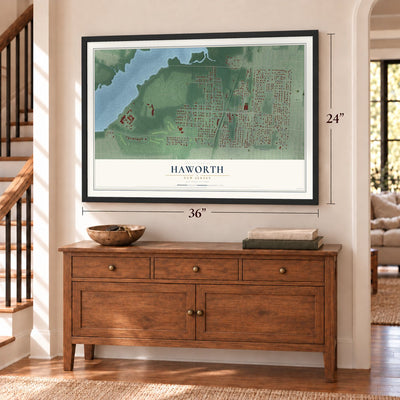Haworth, New Jersey map, 24 x 36 inch print in a black frame above a dresser by a staircase