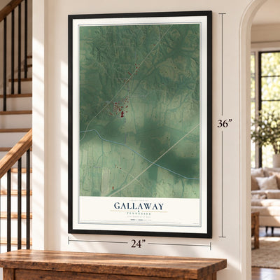 Gallaway, Tennessee map, 24 x 36 inch print in a black frame by a staircase