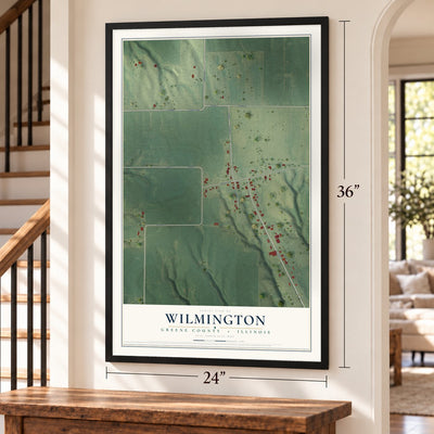 Wilmington, Greene County, Illinois map, 24 x 36 inch print in a black frame by a staircase