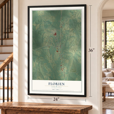 Florien, Louisiana map, 24 x 36 inch print in a black frame by a staircase