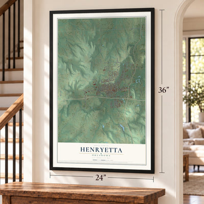 Henryetta, Oklahoma map, 24 x 36 inch print in a black frame by a staircase