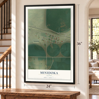 Minidoka, Idaho map, 24 x 36 inch print in a black frame by a staircase