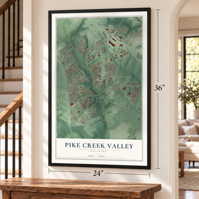 Pike Creek Valley, Delaware map, 24 x 36 inch print in a black frame by a staircase