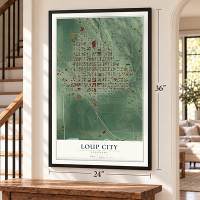 Loup City, Nebraska map, 24 x 36 inch print in a black frame by a staircase