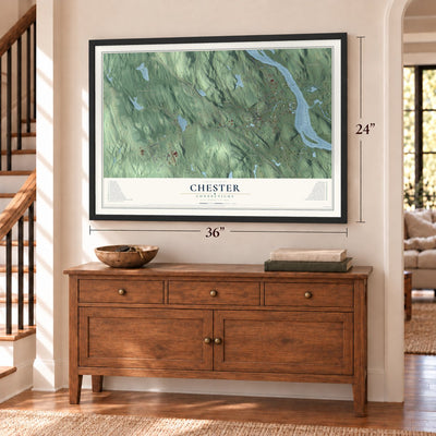 Chester, Connecticut map, 24 x 36 inch print in a black frame above a dresser by a staircase
