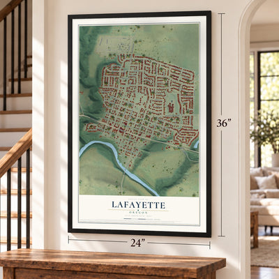 Lafayette, Oregon map, 24 x 36 inch print in a black frame by a staircase