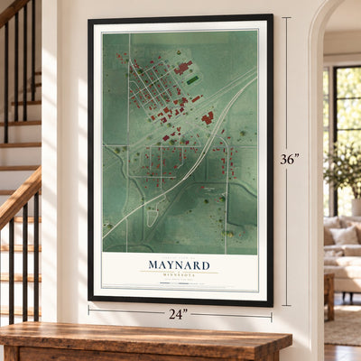 Maynard, Minnesota map, 24 x 36 inch print in a black frame by a staircase