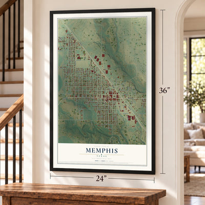 Memphis, Texas map, 24 x 36 inch print in a black frame by a staircase