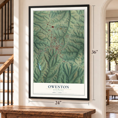 Owenton, Kentucky map, 24 x 36 inch print in a black frame by a staircase