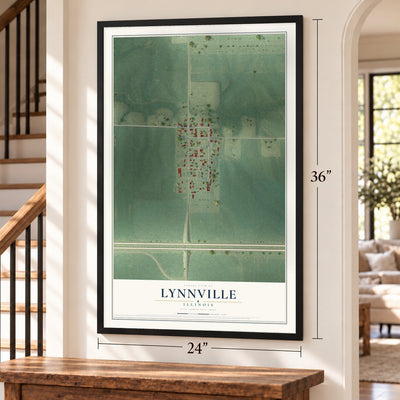 Lynnville, Illinois map, 24 x 36 inch print in a black frame by a staircase