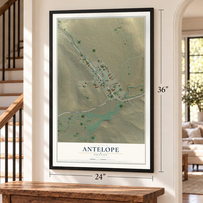 Antelope, Oregon map, 24 x 36 inch print in a black frame by a staircase