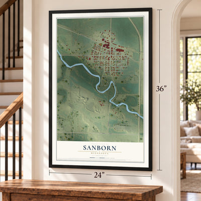 Sanborn, Minnesota map, 24 x 36 inch print in a black frame by a staircase