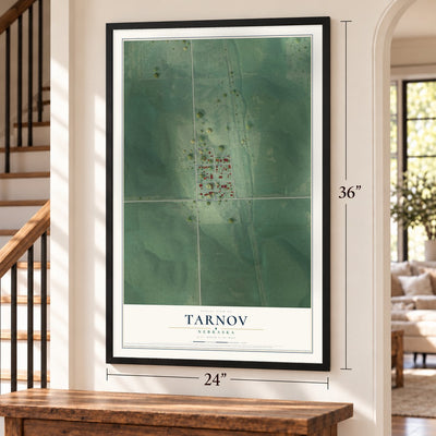 Tarnov, Nebraska map, 24 x 36 inch print in a black frame by a staircase