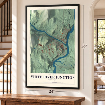 White River Junction, Vermont map, 24 x 36 inch print in a black frame by a staircase