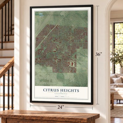 Citrus Heights, California map, 24 x 36 inch print in a black frame by a staircase