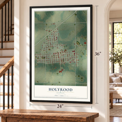 Holyrood, Kansas map, 24 x 36 inch print in a black frame by a staircase