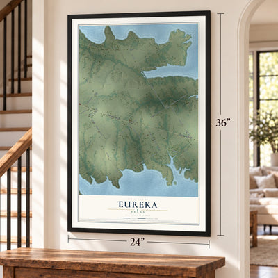 Eureka, Texas map, 24 x 36 inch print in a black frame by a staircase