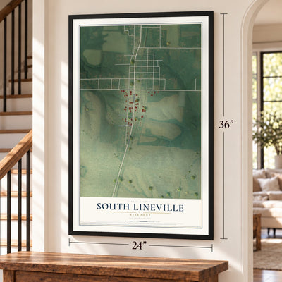 South Lineville, Missouri map, 24 x 36 inch print in a black frame by a staircase
