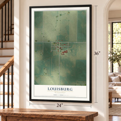 Louisburg, Minnesota map, 24 x 36 inch print in a black frame by a staircase