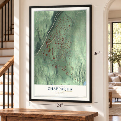 Chappaqua, New York map, 24 x 36 inch print in a black frame by a staircase