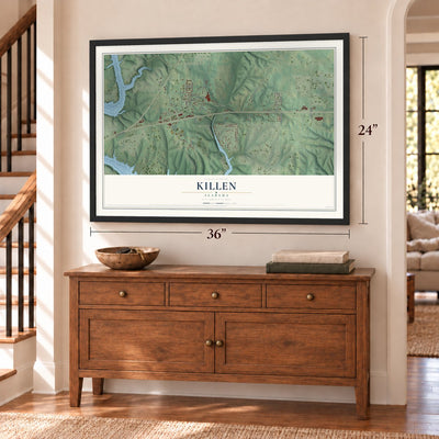 Killen, Alabama map, 24 x 36 inch print in a black frame above a dresser by a staircase