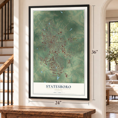 Statesboro, Georgia map, 24 x 36 inch print in a black frame by a staircase