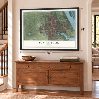 Port St. Lucie, Florida map, 24 x 36 inch print in a black frame above a dresser by a staircase