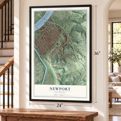 Newport, Kentucky map, 24 x 36 inch print in a black frame by a staircase